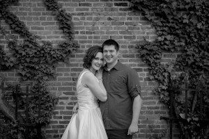 Newlywed couple in Pioneer square black and white