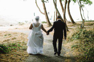 Bride and groom walking together