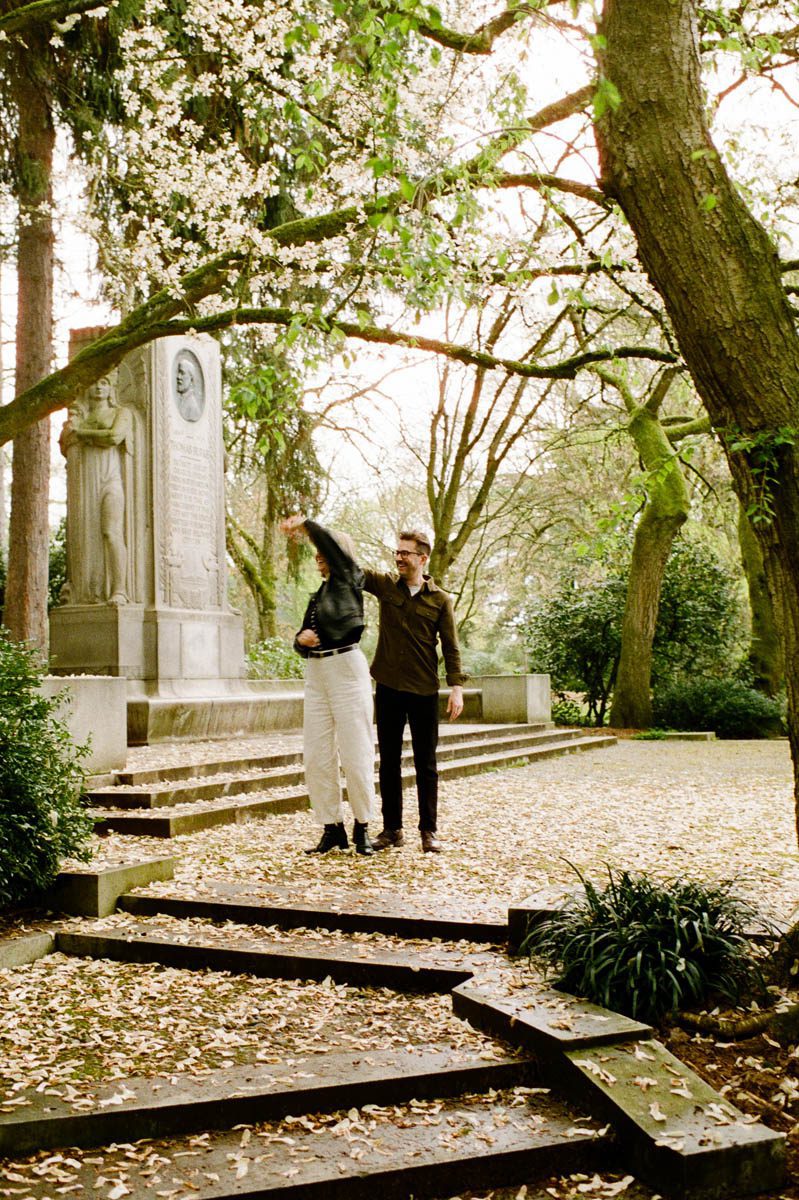 Romantic candid engagement photo on 35mm film